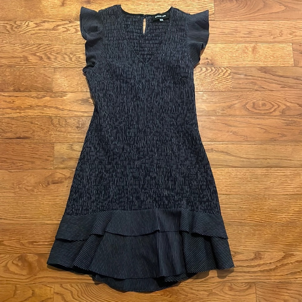 Sugar Lips Sugarlips Blue Striped Smocked Flounce Hem V-Neck Dress S